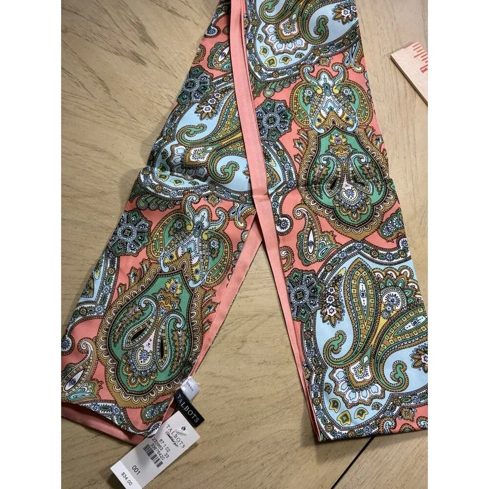 NWT Talbots 100% Silk Skinny Scarf Twilly Paisley Scarf Pink Teal Orange Boho
